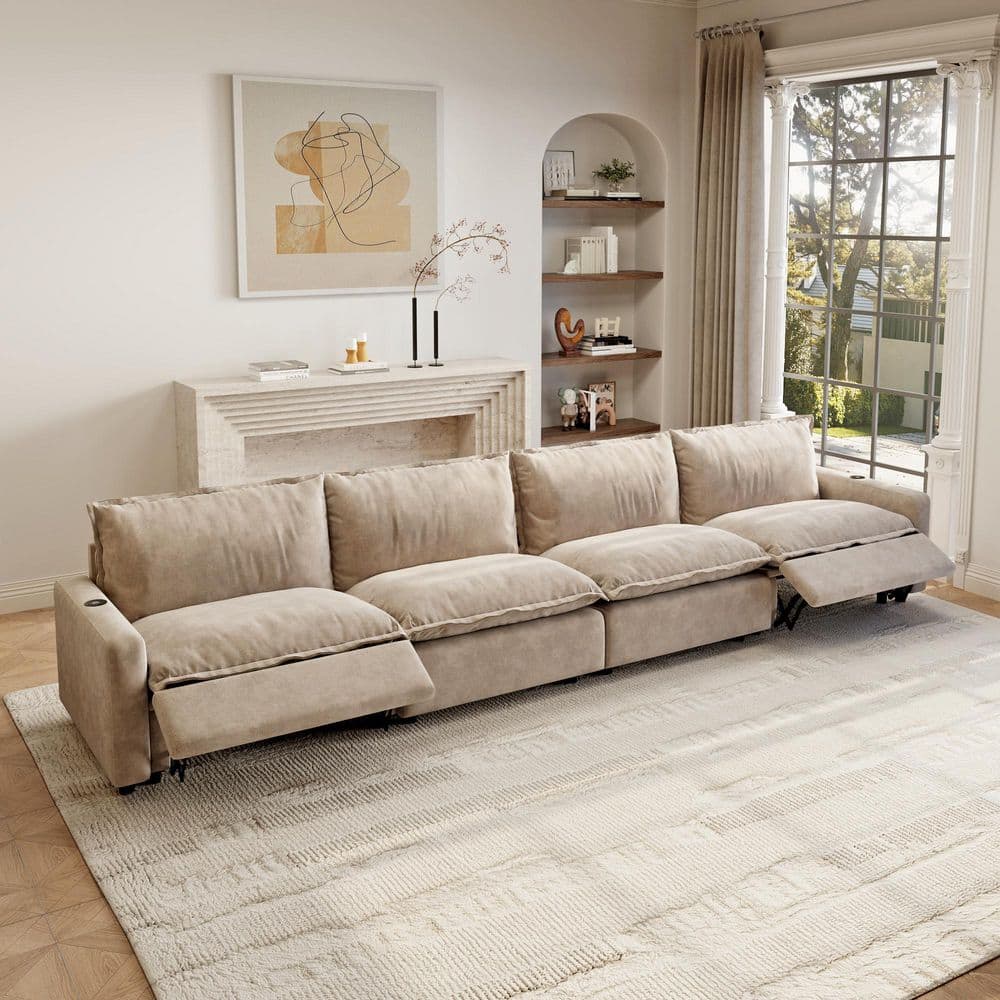 Power Recliner Couch, 149 in. Square Arm 4-Piece Linen Modular Motion Sectional Sofa with Heating, USB Ports in Khaki