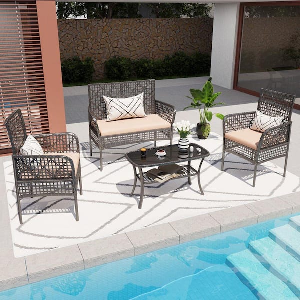 4-Pieces Outdoor PE Rattan Wicker Conversation Set with Beige Cushions