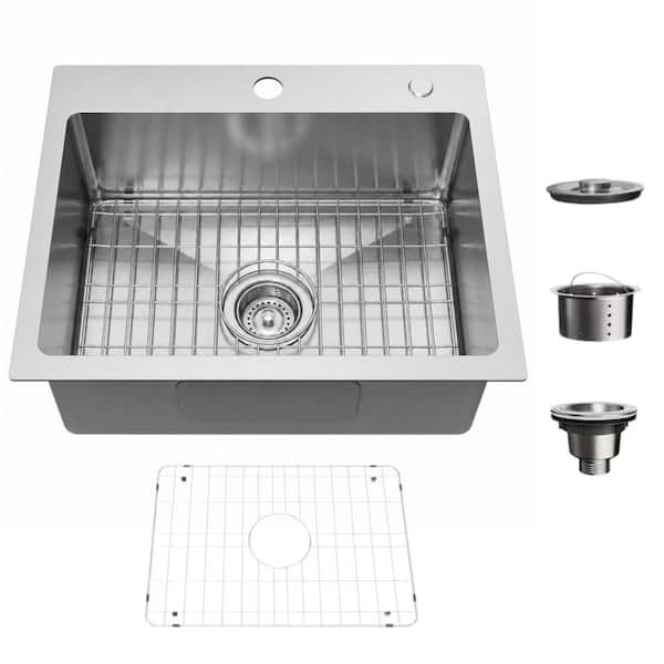 20 in. x 16 in. Drop-In Single Bowl Brushed Stainless Steel Kitchen Sink with Drain Kit and Bottom Grid
