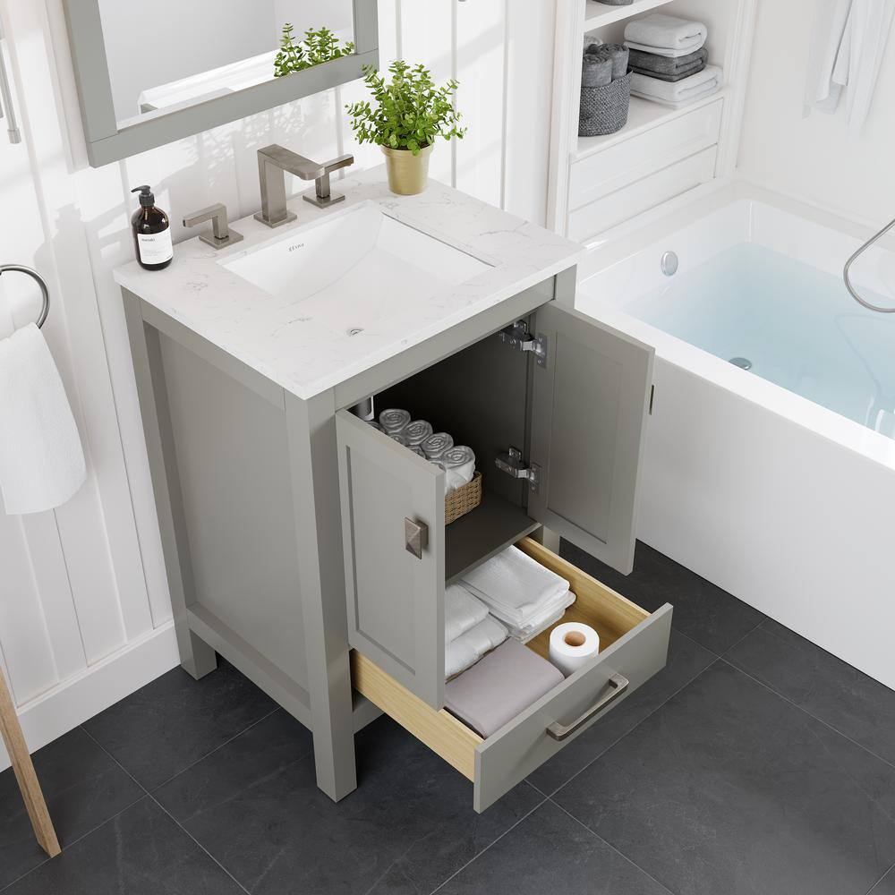Gray Solid Wood Bathroom Vanity with White Quartz Top