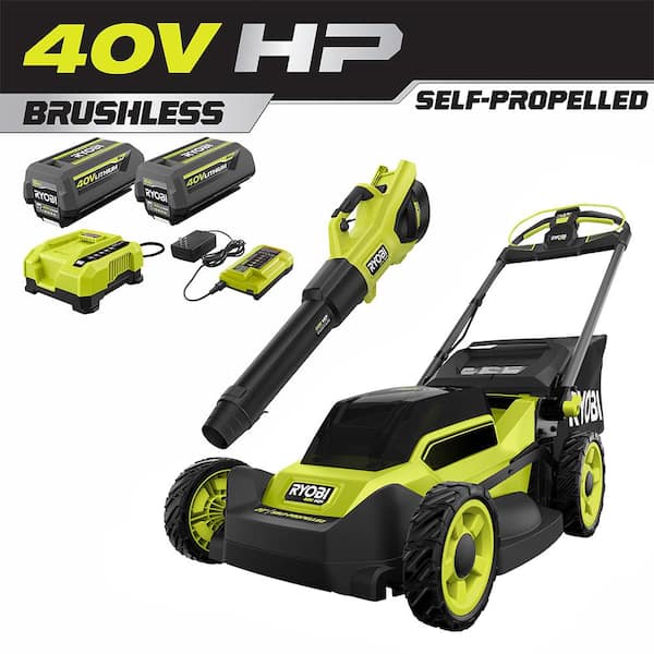 RYOBI 40V HP Brushless 20 in. Cordless Electric Battery Walk Behind Self-Propelled Lawn Mower w/ Blower (2) Batteries/Chargers