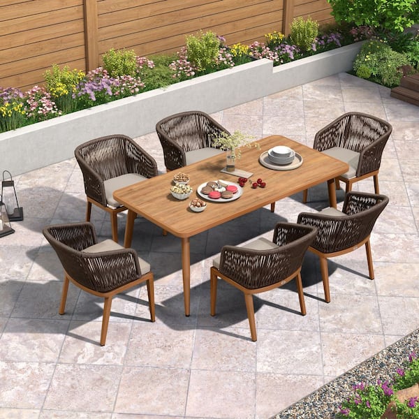 7-Piece Aluminum Wicker Dining Table and Armchairs Patio Outdoor Dining Set Teak Furniture Set with Cushions, Grey