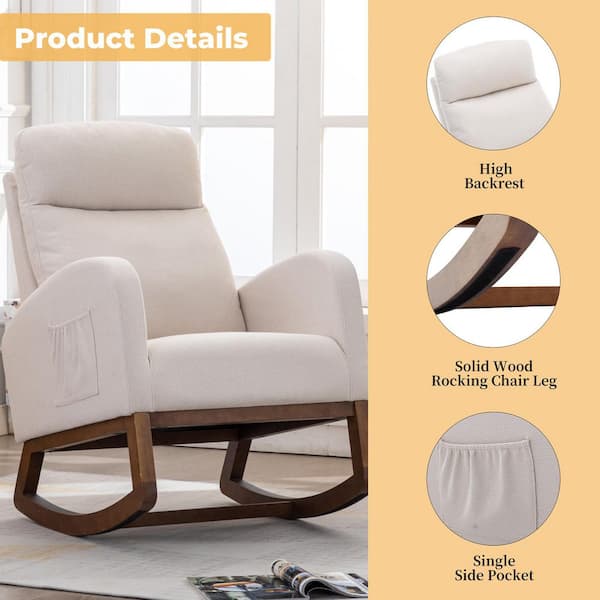 27 in. Beige Linen Rocking Chair, Modern Glider Recliner with Wood Legs and Side Pocket, High Back Nursery Armchair