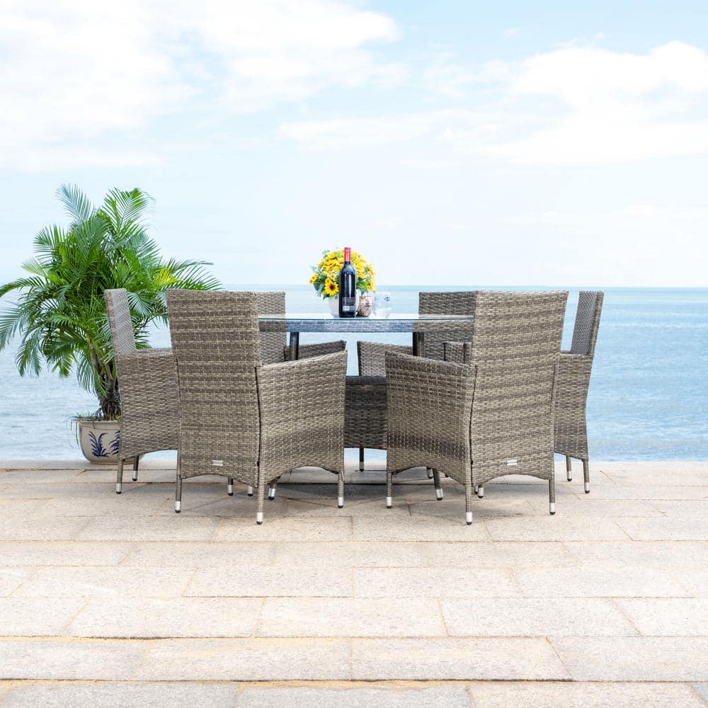 Challe 47" Round Grey Brown Wicker Outdoor Dining Set with White Cushions