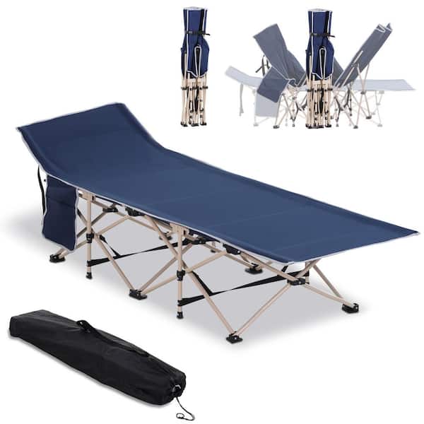 Blue Folding Chaise Lounge Camping Cot for Adults with Carry Bag, Side Pocket, Outdoor Portable Sleeping Bed