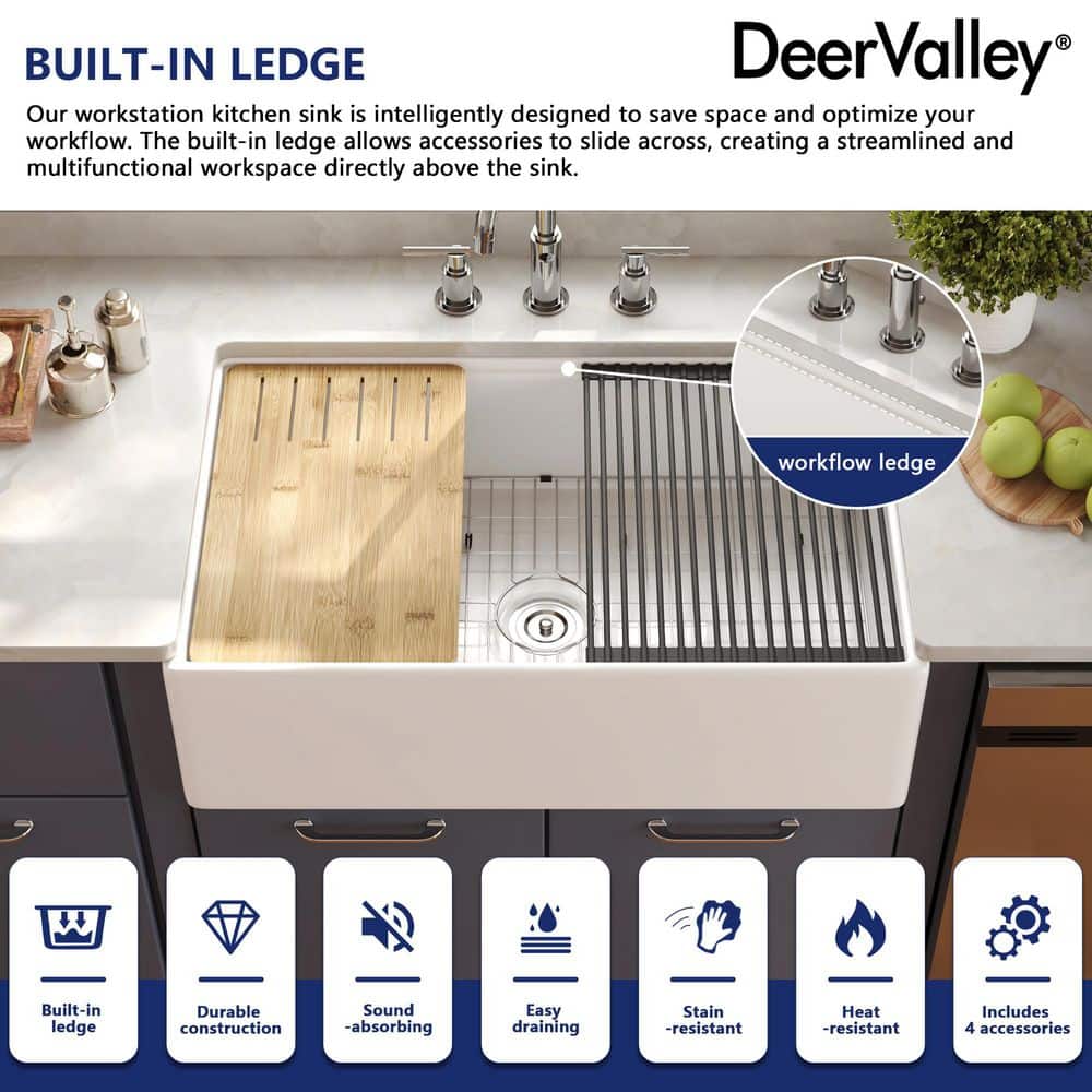 33"L x 20"W Farmhouse Kitchen Sink Deep Single Bowl Fireclay Workstation Sink with Cutting Board and Dish Drying Rack