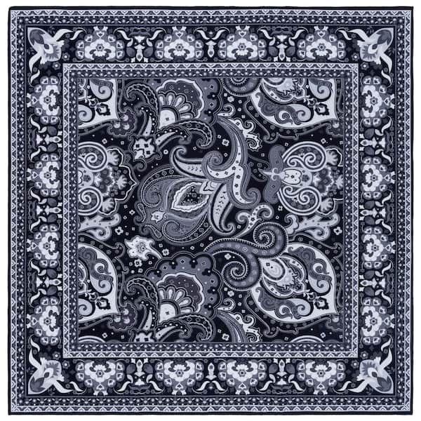 Arizona 6 ft. x 6 ft. Black/Gray Machine Washable Distressed Border Floral square Area Rug