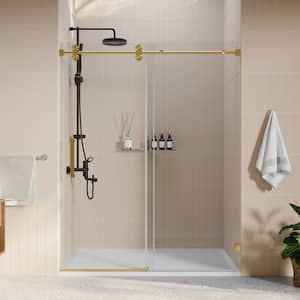 60 in. W x 76 in. H Sliding Frameless Shower Door in Clear Glass with Brushed Gold Handle