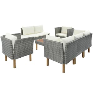 Modern Gray 9-Piece PE Wicker Outdoor Sectional Set with Beige Cushions Wood Legs Armrest Chairs and Coffee Table