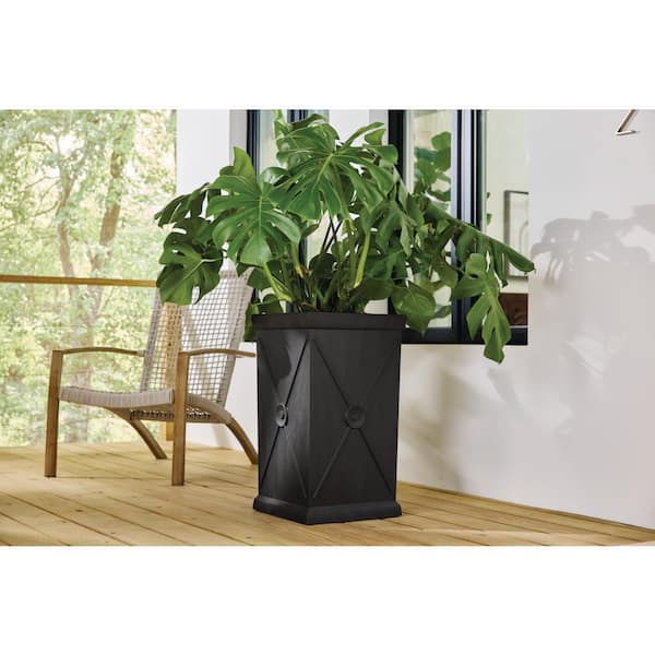 Eldon Medium Black Rubber Recycled Self-Watering Tall Square Planter (14.9 in. L x 14.9 in. W x 26 in. H)