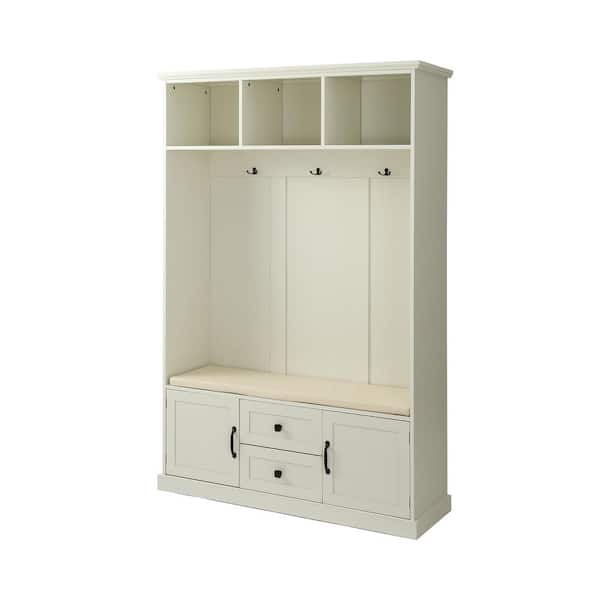 Beige Wood Hall Tree with Bench and Storage Cabinet Entryway Bench with ...