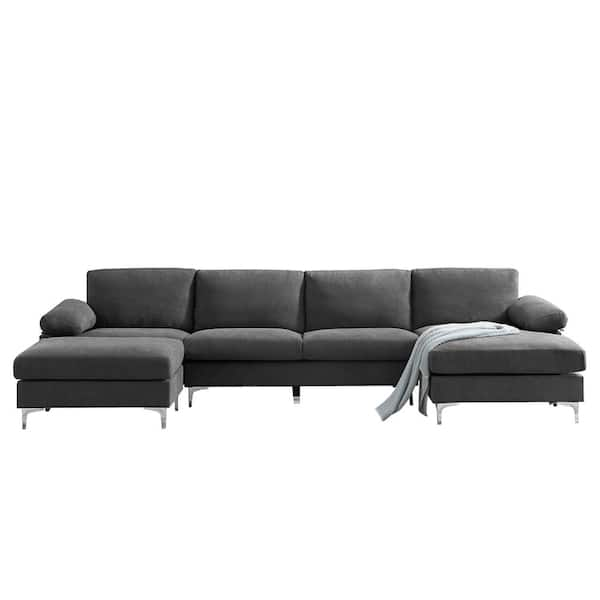 128.3 in. W Round Arm Fabric U Shaped Convertible Sectional Sofa