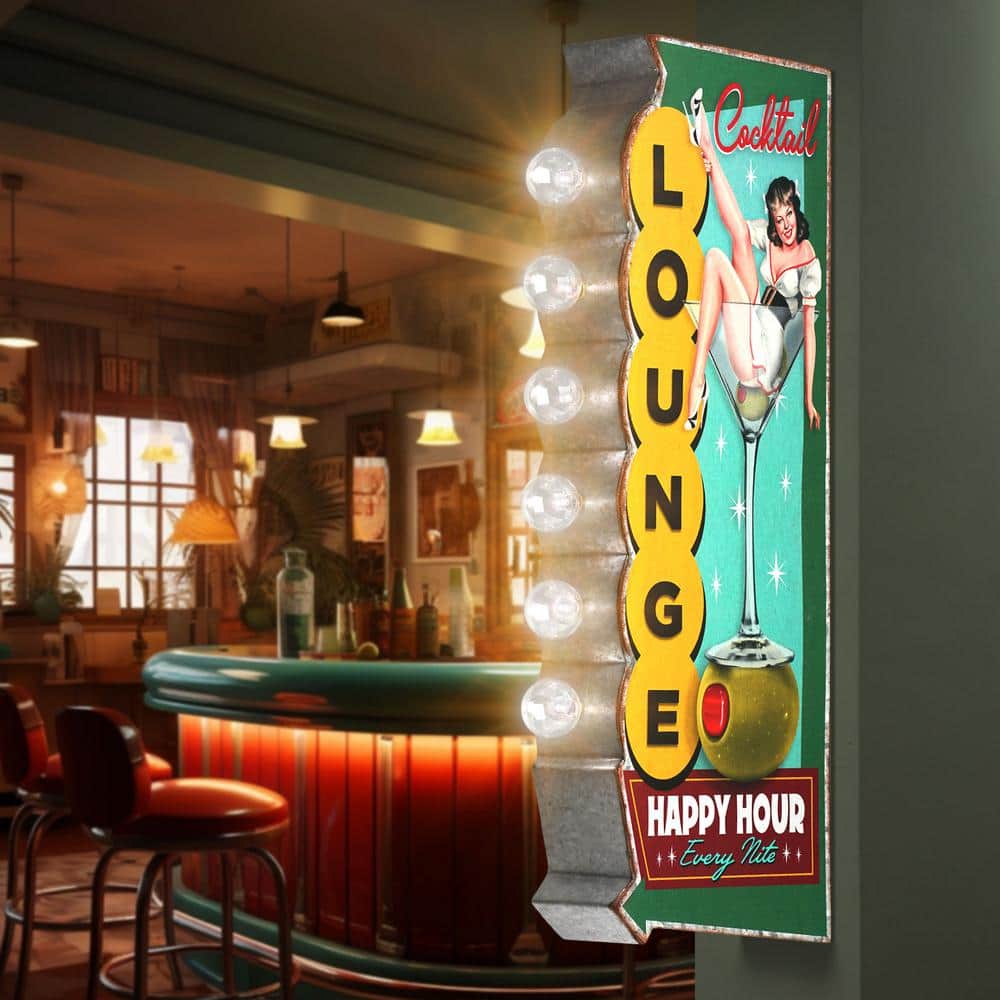 Vintage Metal LED Cocktail Lounge Happy Hour Sign with Galvanized Finish