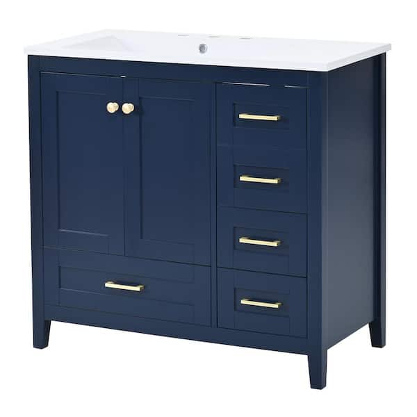 36 in. W x 18 in. D x 34.07 in. H Single Sink Freestanding Bath Vanity in Blue with White Cultured Marble Top