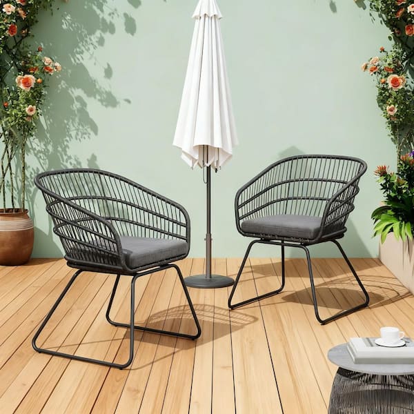 Rattan Outdoor Dining Chairs Patio Wicker Seating Set with Gray Cushion and 2 Metal Legs in Gray (2-Pack)