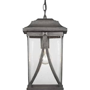 Abbott Collection 1-Light Antique Pewter Clear Seeded Glass Craftsman Outdoor Hanging Lantern Light