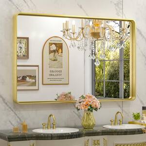 42 in. W x 26 in. H Rectangular Aluminum Framed Wall Mount Bathroom Vanity Mirror in Gold
