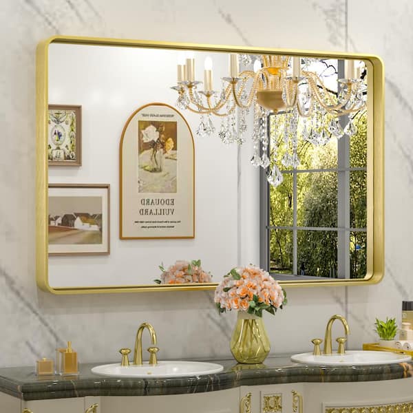 TETOTE 42 in. W x 26 in. H Rectangular Aluminum Framed Wall Mount Bathroom Vanity Mirror in Gold