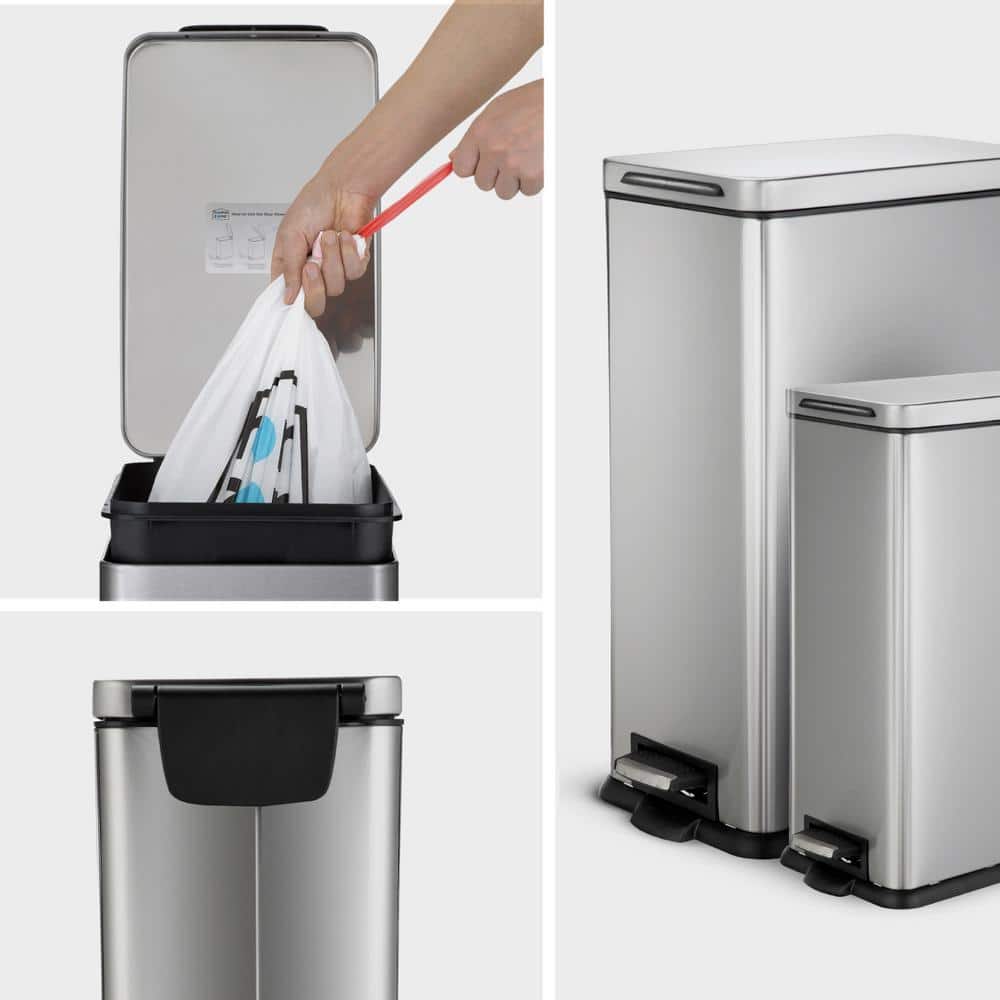 Slim Stainless Steel Step-On Trash Can Set, 8 and 2.5 Gallon, Silver