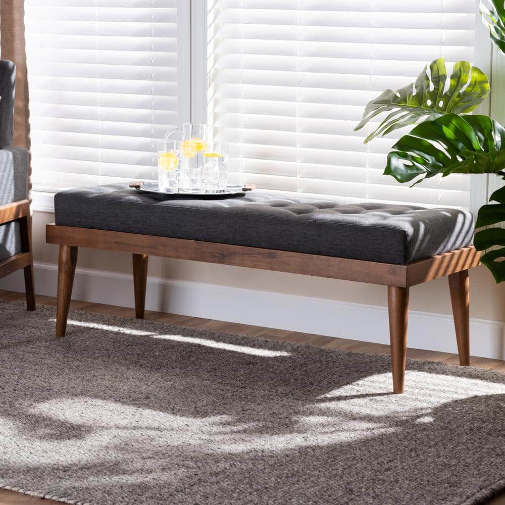 Gray Upholstered Walnut Wood Mid-Century Bench