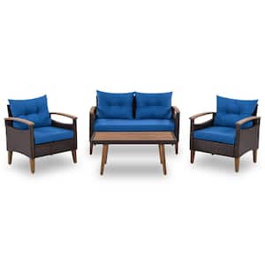 Outdoor Brown and Blue 4-Piece Wicker Patio Conversation Seating Set, PE Rattan Sofa Set, Wood Table and Legs
