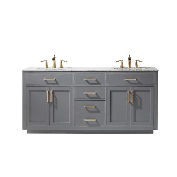 Altair Ivy 72 in. Bath Vanity in Gray with Carrara Marble Vanity Top in White with White Basins