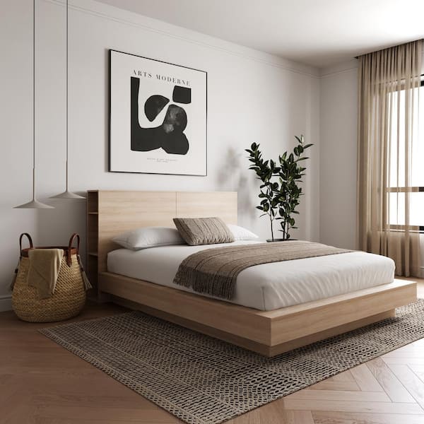Marconi Beige Wood Frame Queen Size Platform Bed with Storage Headboard