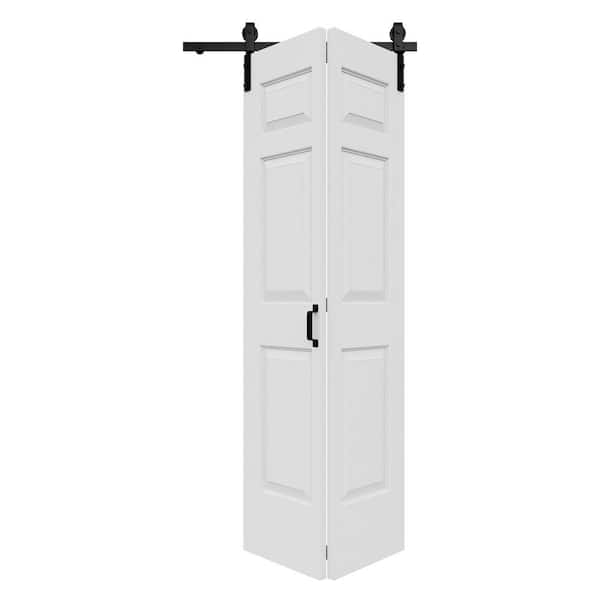 36 in. x 84 in. Paneled 6-Lite White Primed Hollow Core MDF Composite Bi-fold Door with Bifold Barn Door Hardware