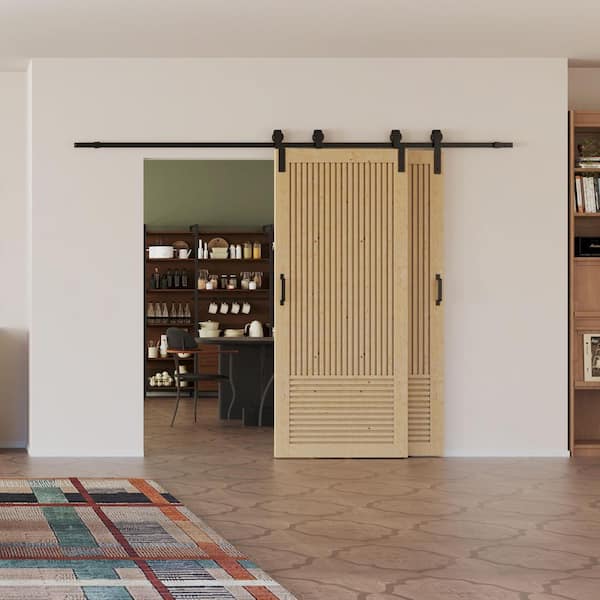 88 in. x 84 in. Natural Pine Fluted Vertical and Horizontal Slat Wood Bypass Assembly Required Barn Door w/ Hardware Kit