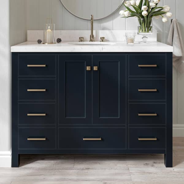 ARIEL Cambridge 48 in. W x 22 in. D x 36 in H Single Oval Sink Bath Vanity in Midnight Blue with Carrara White Quartz Top