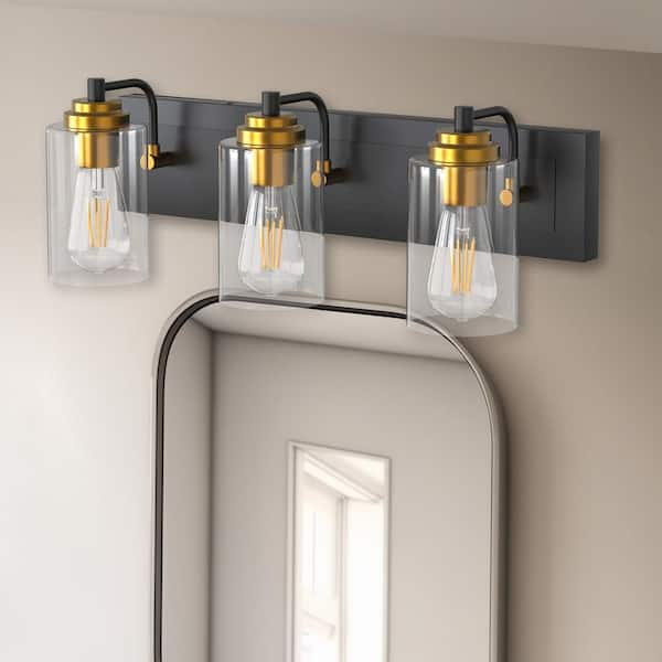 3-Light Matte Black Metal Vanity Light Farmhouse Industrial Wall Sconce with Clear Glass Shade Gold Socket Cups