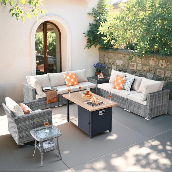 HOOOWOOO Messi Gray 10-Piece Wicker Outdoor Fire Pit Patio Conversation Sectional Sofa Set with a Swivel Chair and Beige Cushions