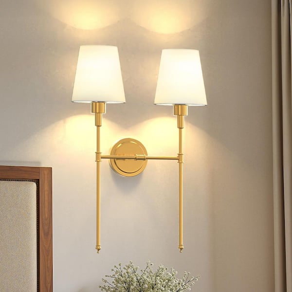16 in. 2-Light Gold Wall Sconce, Dimmable Indoor Wall Light for Bedroom Living Room