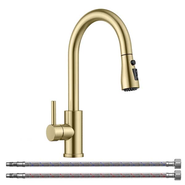 Single Handle Pull Down Sprayer Kitchen Faucet High-Arc Kitchen Sink Faucet with Deck Plate in Brushed Gold