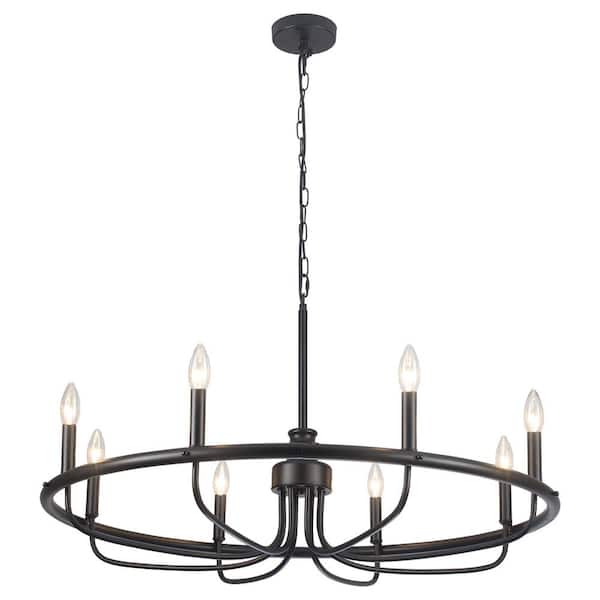 8-Light Black Farmhouse Chandelier Wagon Wheel Chandelier for Kitchen Island