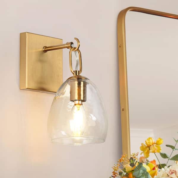 LNC Fizzla Modern 5 in. 1-Light Plating Brass Wall Sconce with Dome Hammered Glass Shade Bath Vanity Light Bedroom Lamp
