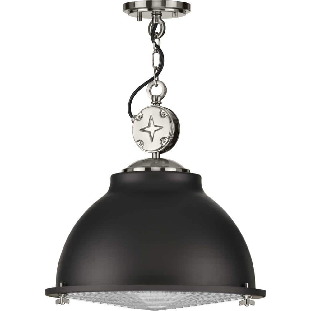Graphite and Nickel Industrial Pendant Light with Prismatic Glass Shade