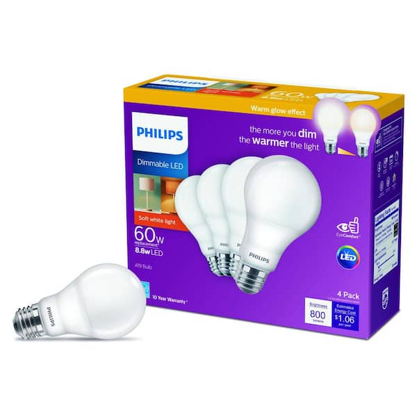 Philips 60-Watt Equivalent Dimmable with Warm Glow Dimming Effect Energy Saving LED Light Bulb Soft White (2700K) (4-Pack) 548396 - Home Depot