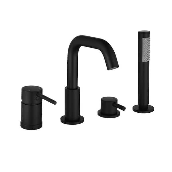 2-Handle Deck-Mount Roman Tub Faucet with Hand Shower Brass 4 Hole Bathtub Fillers in Matte Black
