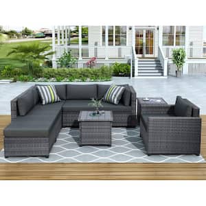 Deep seating High End 8-Piece Gray Wicker Outdoor Sectional Set with Extra Thick Gray Cushions