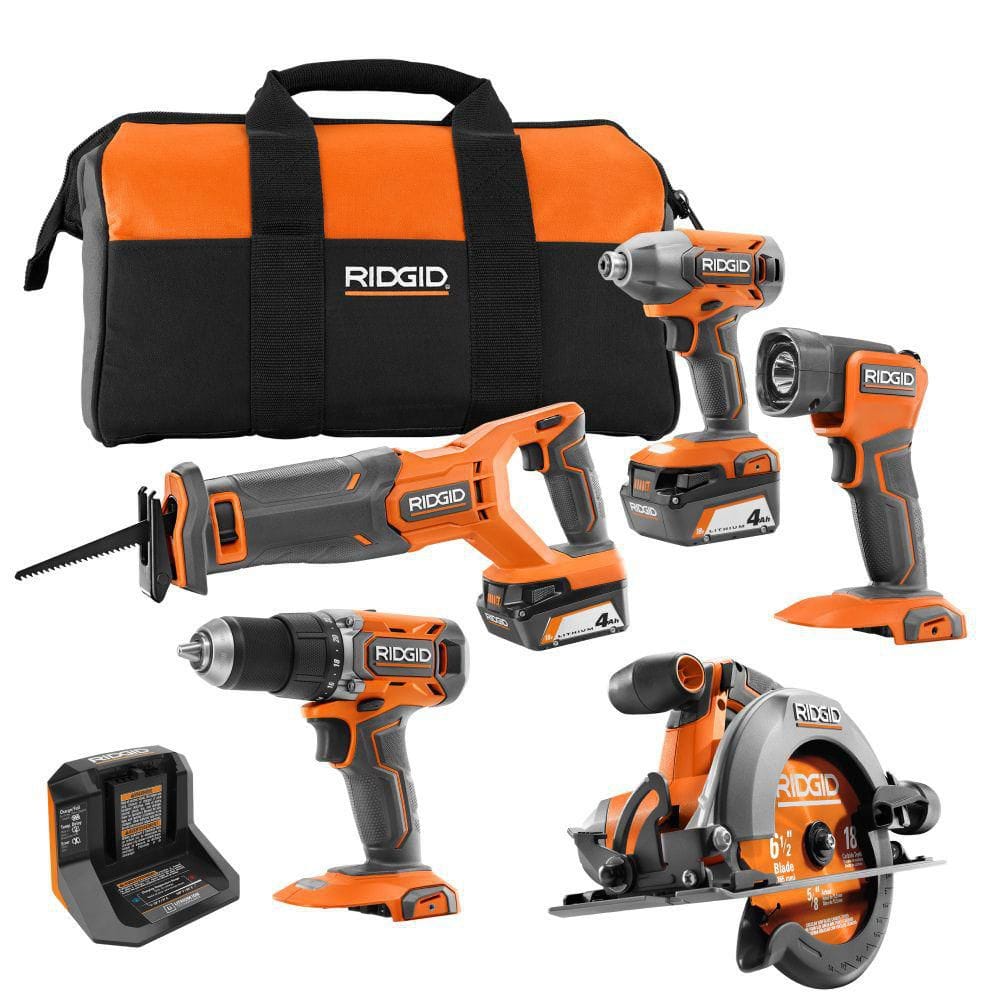 RIDGID 18V Cordless 5-Tool Combo Kit with (2) 4.0 Ah Batteries, Charger, Tool Bag, and Accessories R96255 - The Home Depot