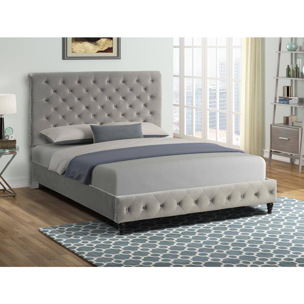 Regal Gray Velvet King Platform Bed with Nailhead Trim