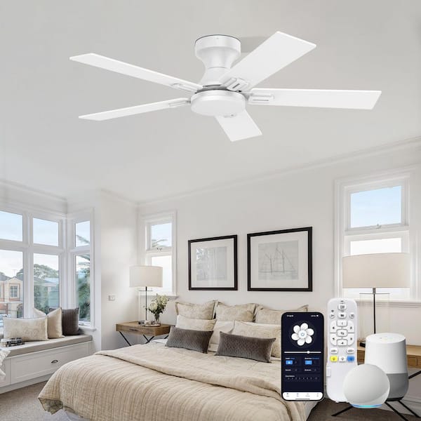 42 in. White Smart Modern Flush Mount Outdoor Indoor Ceiling Fan w/ LED Lights Remote/APP/Alexa, DC Motor, Easy Install