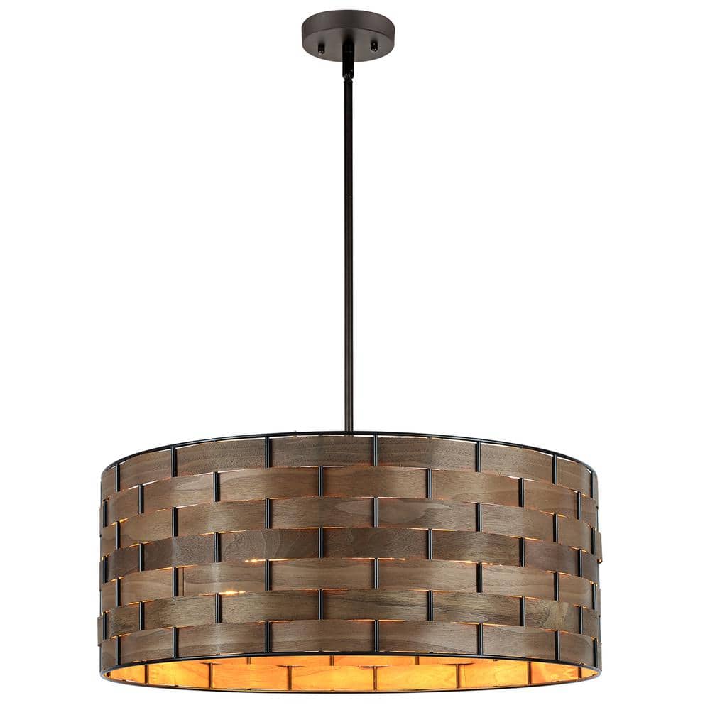 Walnut Wood Veneer Drum Pendant Chandelier with Black Metal Frame