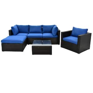 6-Piece Wicker Outdoor Patio Conversation Sofa Sectional Seating Set with Klein Blue Cushions