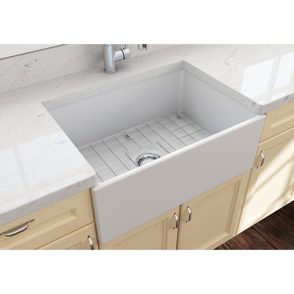 Contempo Matte White Fireclay 27 in. Single Bowl Farmhouse Apron Kitchen Sink with Bottom Grid and Strainer
