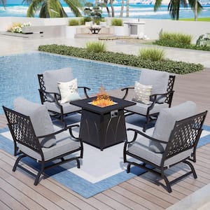 4 Seat 5-Piece Metal Steel Outdoor Patio Conversation Set with Gray Cushion, Rocking Chairs, Square Fire Pit Table