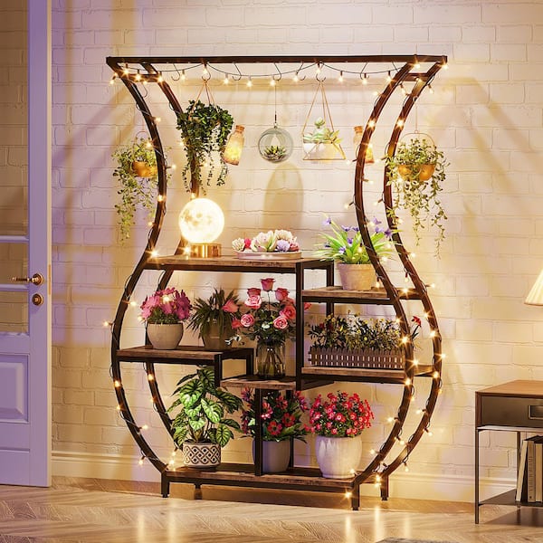 Wellston 70.9 In.Tall Brown Black Wood 6-Tier Plant Stand Shelf 10 Hanging Hooks Vase Shape Ladder Multi-Purpose Rack