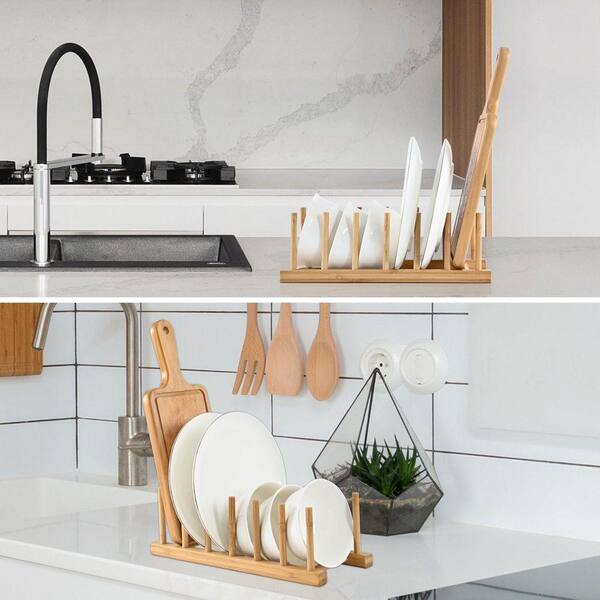 Lynzavix Natural Bamboo Vertical Dish Rack, Plate and Lid