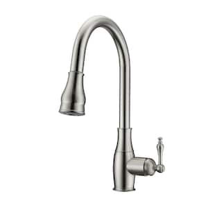 Caryl Single Handle Deck Mount Gooseneck Pull Down Spray Kitchen Faucet with Metal Lever Handle 1 in Brushed Nickel